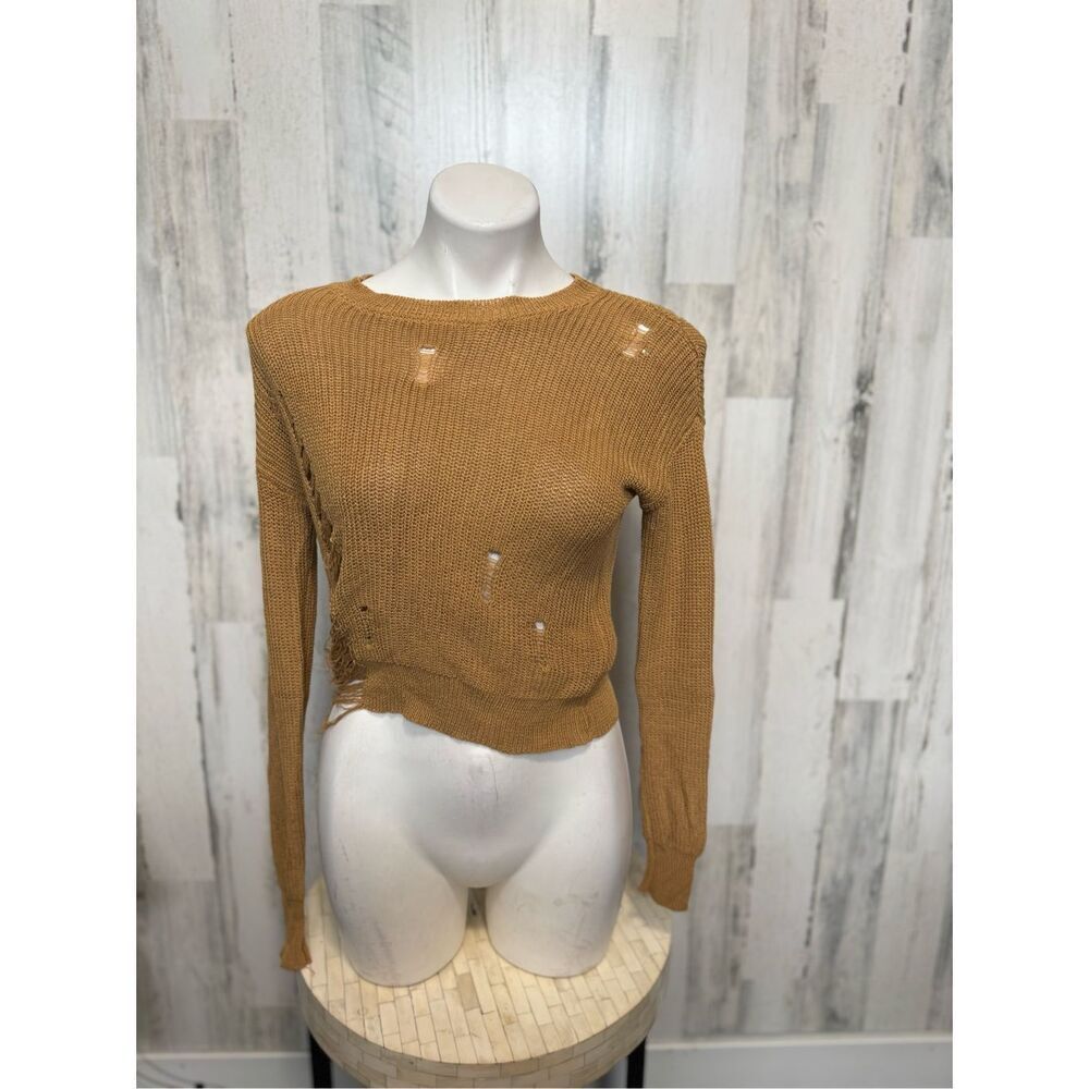 Windsor Mustard Brown Knit Sweater Size M Distressed Hole Detail Long Sleeve